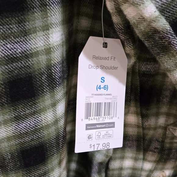 NWT Time & Tru green and black long sleeve button down flannel with hood - Picture 5 of 5